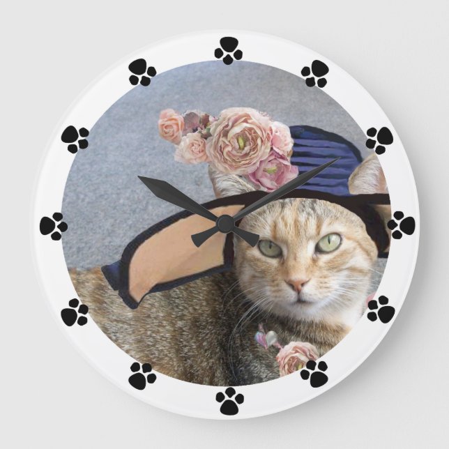 PRINCESS TATUS,ELEGANT CAT,BIG DIVA HAT,ROSES,Paws Large Clock (Front)