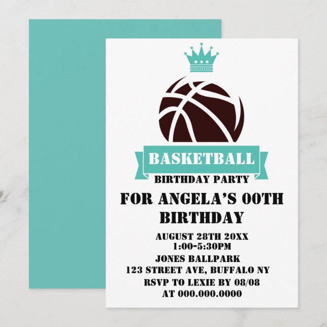 Princess Teal Basketball Birthday Party Invites (Front/Back)