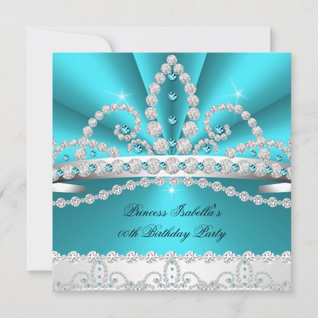 Princess Teal Blue Diamond Tiara Birthday Party 2 Invitation (Front)