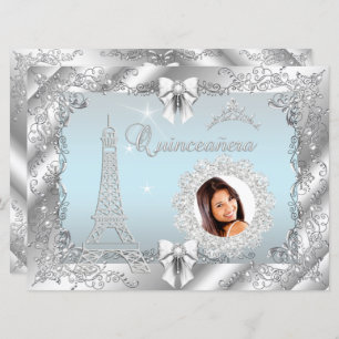 Princess Teal Blue Quinceanera Silver Photo BIG Invitation