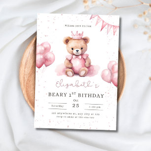Princess Teddy Bear Beary 1st Birthday Pink Girls Invitation