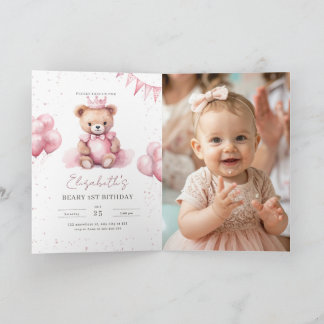 Princess Teddy Bear Beary 1st Birthday Pink Girls Invitation