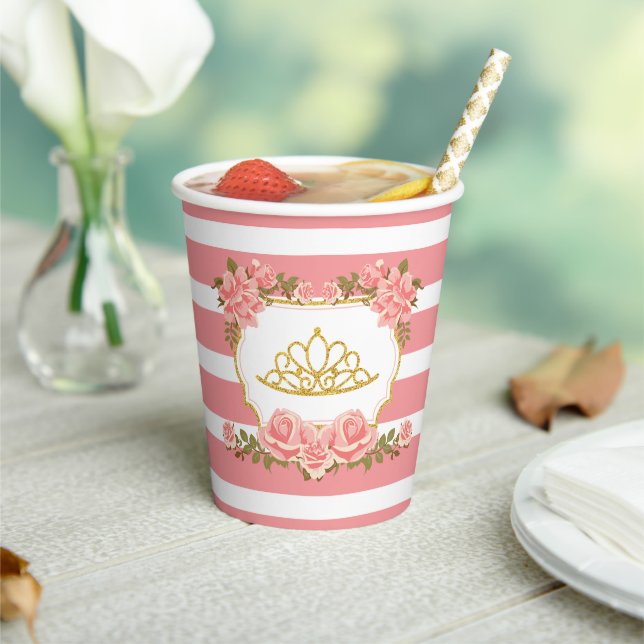 Princess Theme, Gold Glitter Crown and Pink Floral Paper Cups (Insitu)
