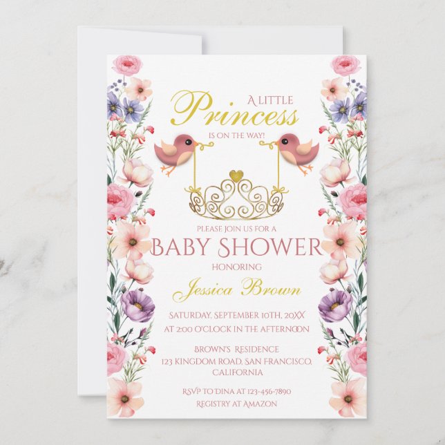 Princess-Themed Birds and Tiara Baby Shower  Invitation (Front)