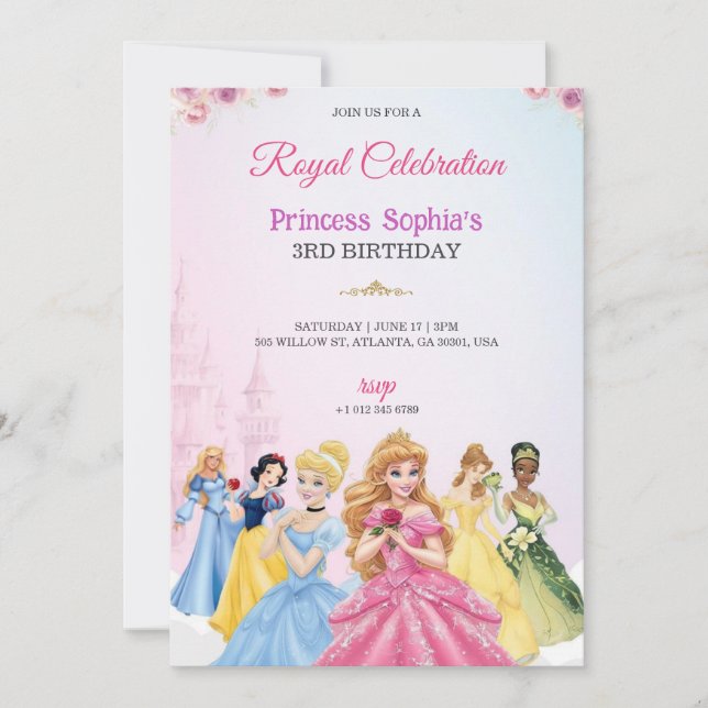Princess-themed birthday invitation in pink colour (Front)