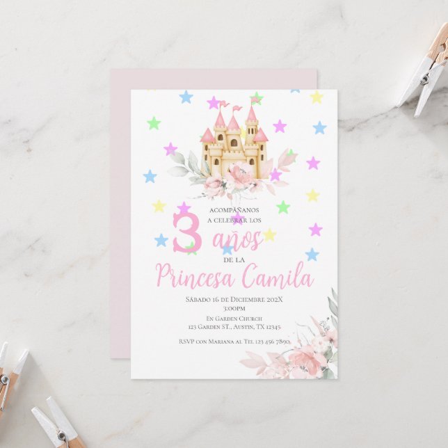 Princess Third Birthday Invitation at Her Castle (Front/Back In Situ)