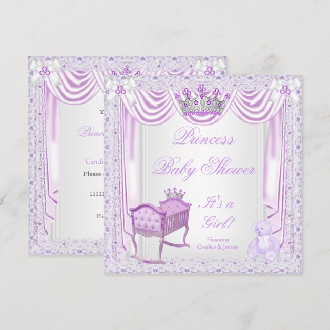 Princess Tiara Baby Shower Lilac Cradle Satin Lace Invitation (Front/Back)