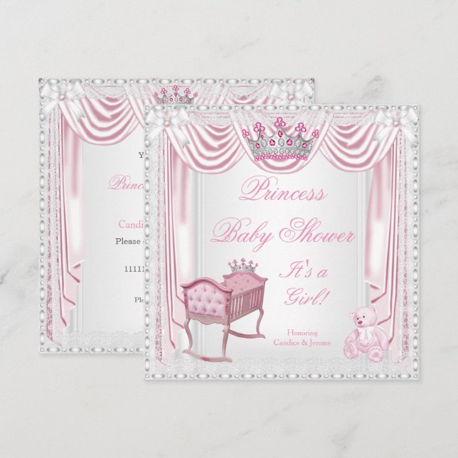 Princess Tiara Baby Shower Pink Cradle Satin Lace Invitation (Front/Back)