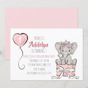 Princess Tiara Elephant Pink Balloon 1st Birthday Invitation