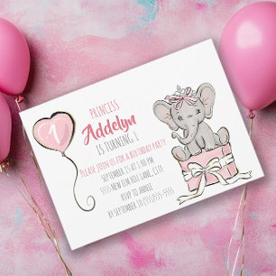 Princess Tiara Elephant Pink Balloon 1st Birthday Invitation