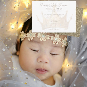 Princess Tiara Glam White & Gold Baby Shower Invitation