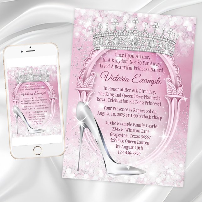 Princess Tiara Glass Slipper Cinderella Birthday Invitation (Princess Birthday Invitation with glass slipper and tiara. Any occasion princess invitation. )