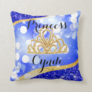 Princess Tiara Glitter Bling Bokeh blue Cushion