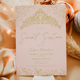 Princess tiara gold glitter pink photo Sweet 16 Invitation