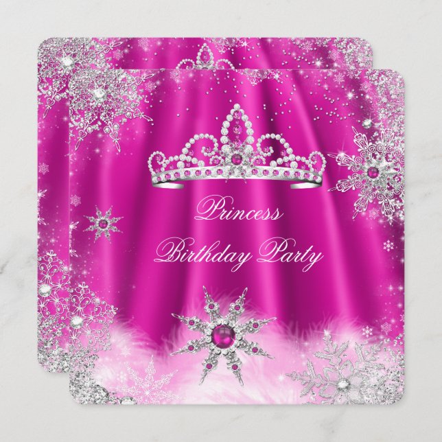 Princess Tiara Hot Pink Snowflake Birthday Party Invitation (Front/Back)