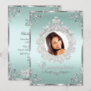 Princess Tiara Mint Silver Sparkle Quinceanera Invitation