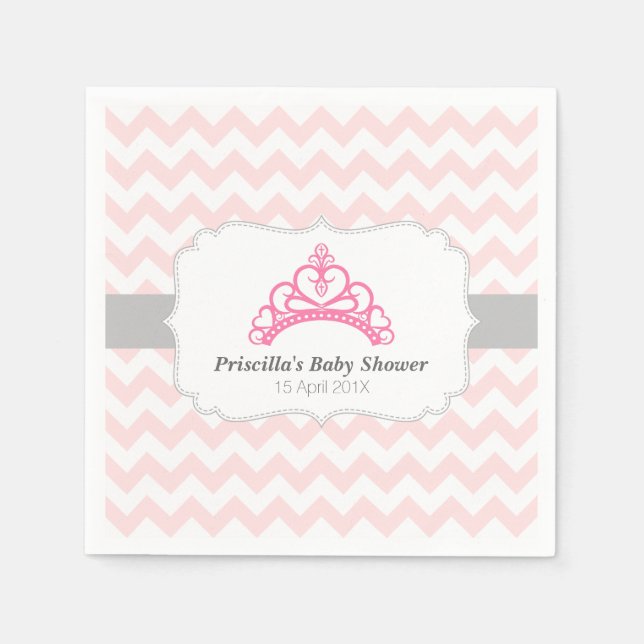 Princess Tiara, Pink Chevron, Baby Girl Shower Napkin (Front)