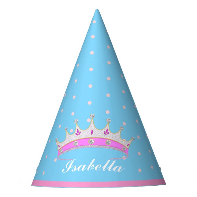Princess tiara, pink polka dots on turquoise party hat (Front)
