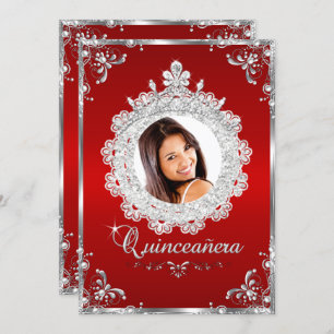 Princess Tiara Red Silver Sparkle Quinceanera Invitation