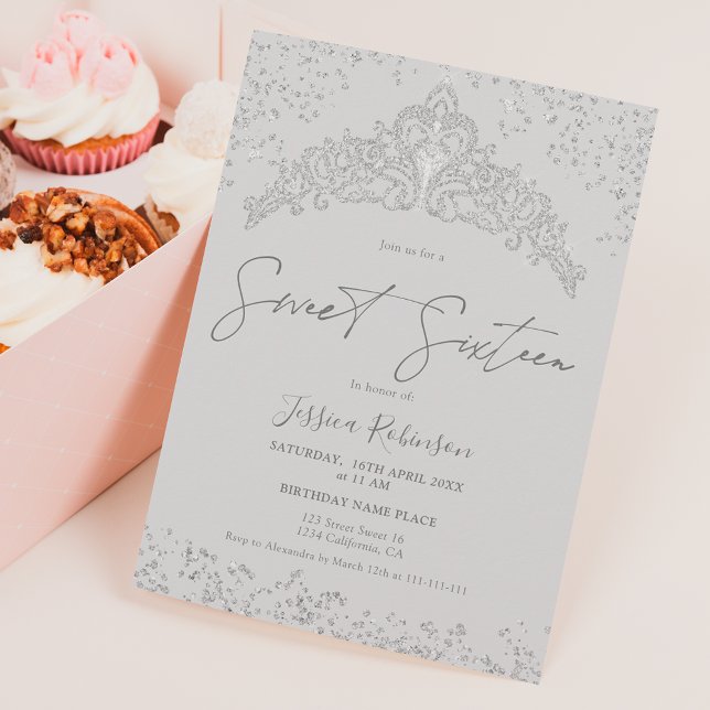 Princess tiara silver glitter grey photo Sweet 16 Invitation (Creator Uploaded)