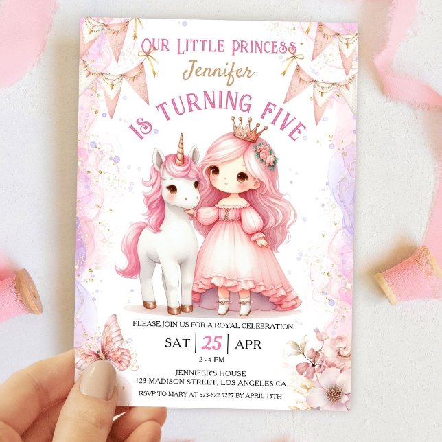 Princess Unicorn 5th Birthday Girl Pink Invitation (Creator Uploaded)