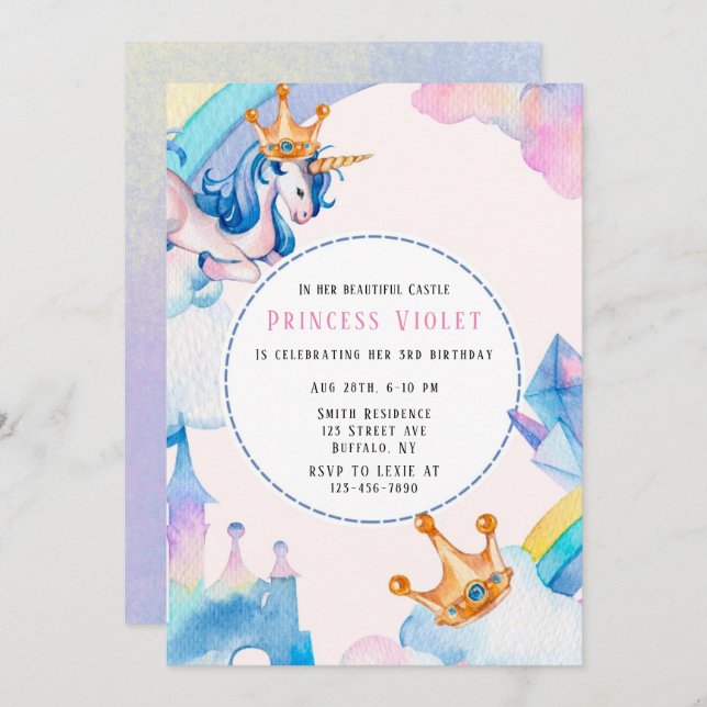Princess Unicorn Castle 00th Birthday Party  Invitation (Front/Back)