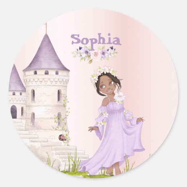 Princess Unicorn Dark Hair Purple Cute Birthday  Classic Round Sticker (Front)