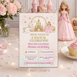 Princess Unicorn Gold Castle 1st Birthday Party Invitation