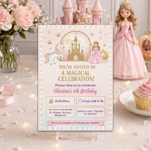 Princess Unicorn Gold Castle 5th Birthday Party Invitation