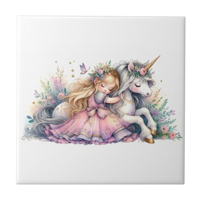 Princess Unicorn Pastel Fairytale Fantasy Ceramic Tile (Front)