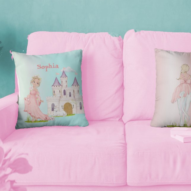 Princess Unicorn Pink Blue Castle Throw Pillow (Creator Uploaded)