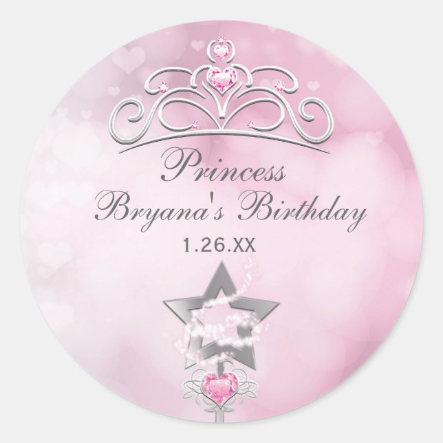 Princess Wand & Crown Silver Pink Party Stickers (Front)