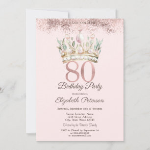 Princess Watercor Crown Floral 80th Birthday  Invitation