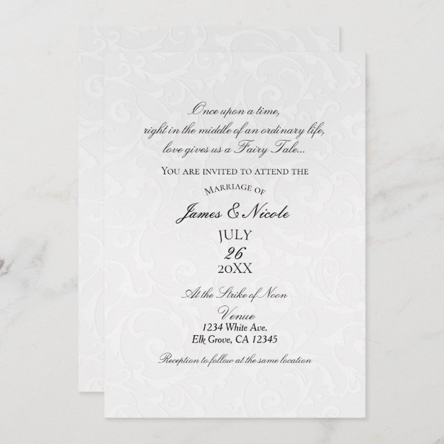 Princess White Damask Storybook Elegant Wedding Invitation (Front/Back)