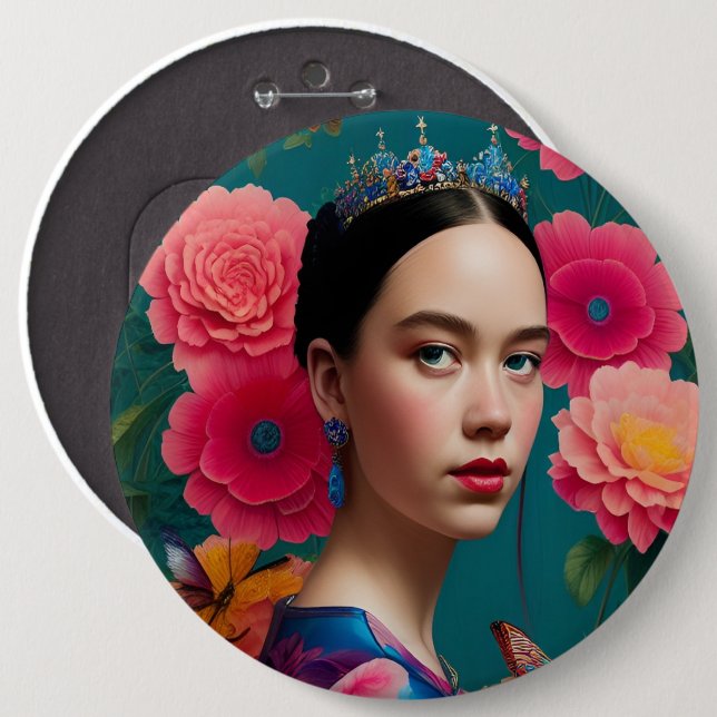 Princess with a blue tiara 6 cm round badge (Front & Back)