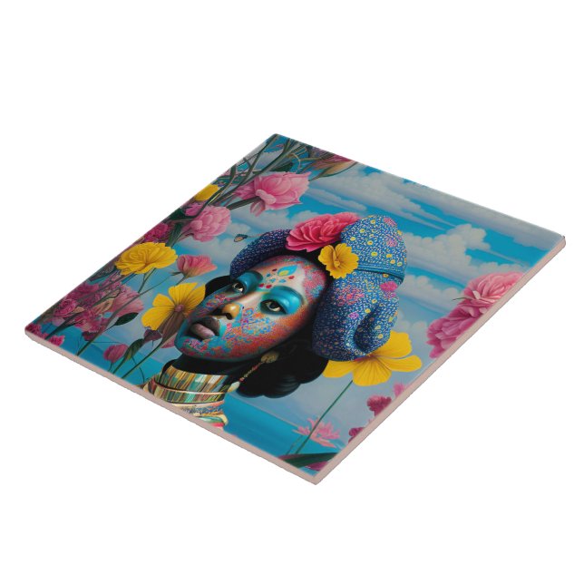 Princess with colourful face paint ceramic tile (Side)