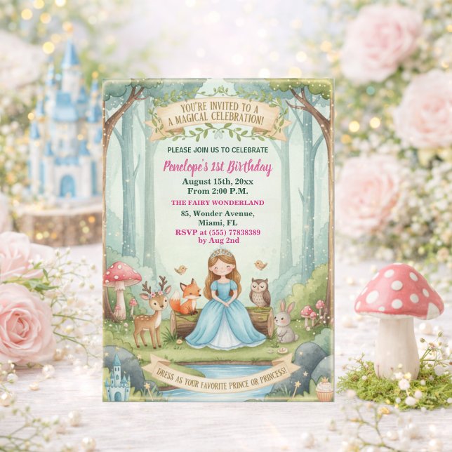 Princess with Forest Animals 1st Birthday Party Invitation (Creator Uploaded)