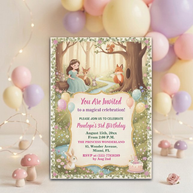 Princess with Forest Animals 3rd Birthday Party Invitation (Creator Uploaded)
