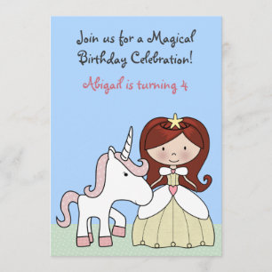 Princess with Red Hair and Cute Unicorn Birthday Invitation