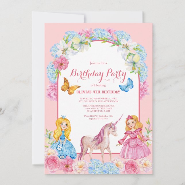 Princesses and a Unicorn Birthday Invitation (Front)