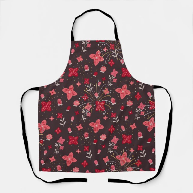 Print Apron in Black with Pink Flowers (Front)