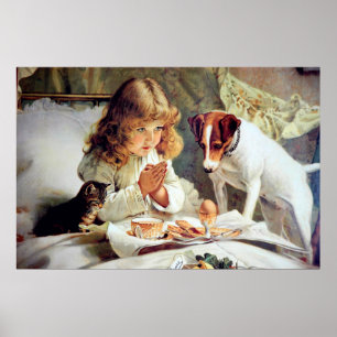 Print: Breakfast in Bed: Girl, Fox Terrier & Kitty Poster