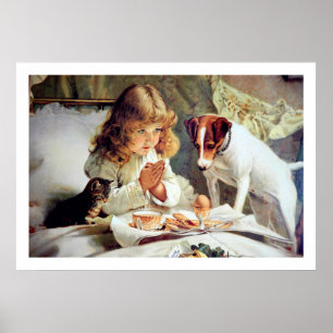 Print: Breakfast in Bed: Girl, Terrier & Cat Poster