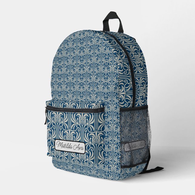 Print Cut Sew Backpack - Art Nouveau Blue Design (Back Corner Right)