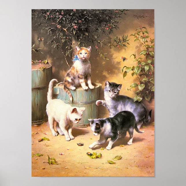 Print: "Kittens Playing with Beetles" Poster (Front)
