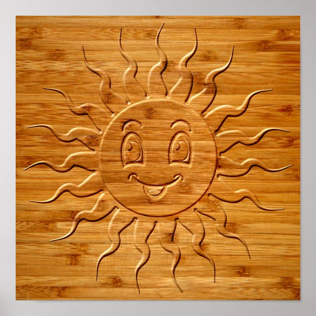 Print Of Smiling Sun Face Carved In Wood (Front)
