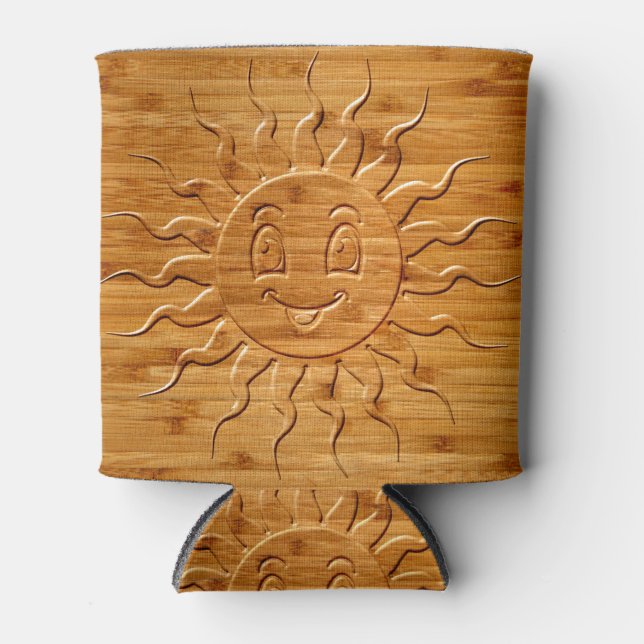 Print Of Smiling Sun Face Carved In Wood Can Cooler (Front)