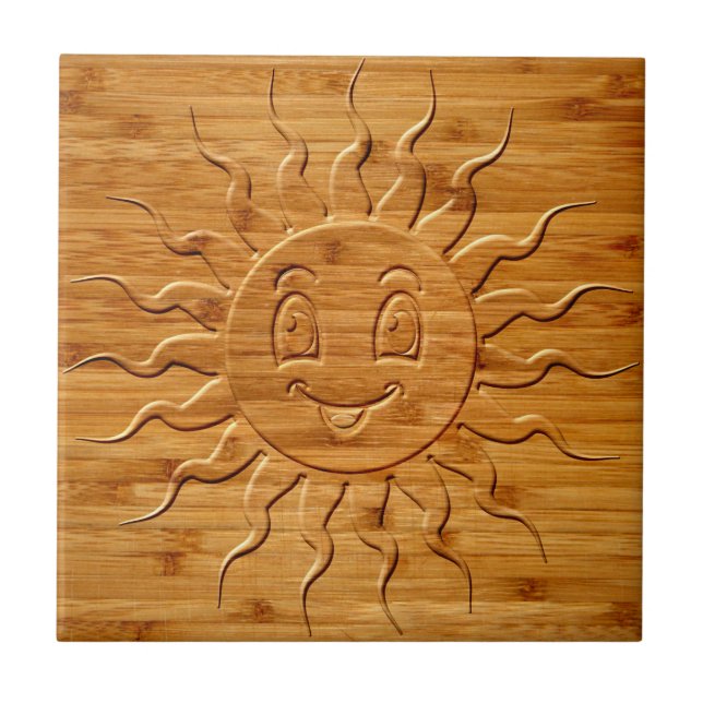 Print Of Smiling Sun Face Carved In Wood Ceramic Tile (Front)