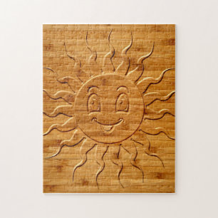 Print Of Smiling Sun Face Carved In Wood Jigsaw Puzzle