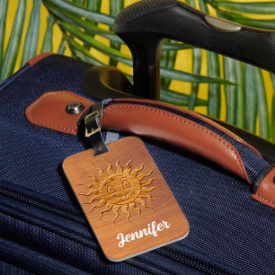 Print Of Smiling Sun Face Carved In Wood Luggage Tag